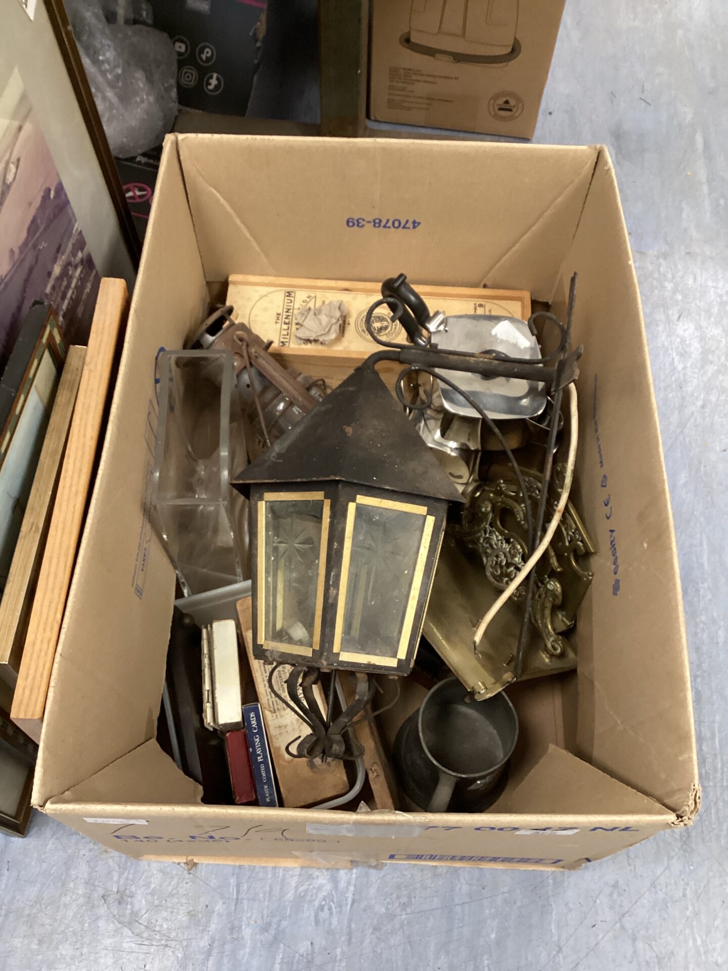 325 Box of mixed items inc metal Porch Lantern