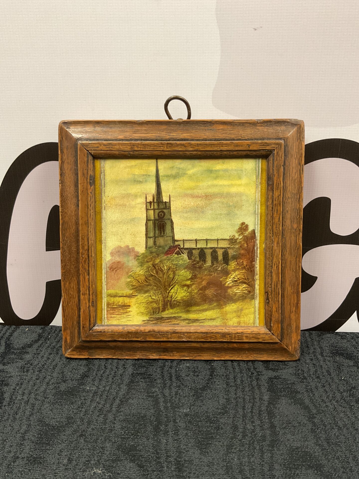 769 framed victorian painted ceramic tile of a church by stream