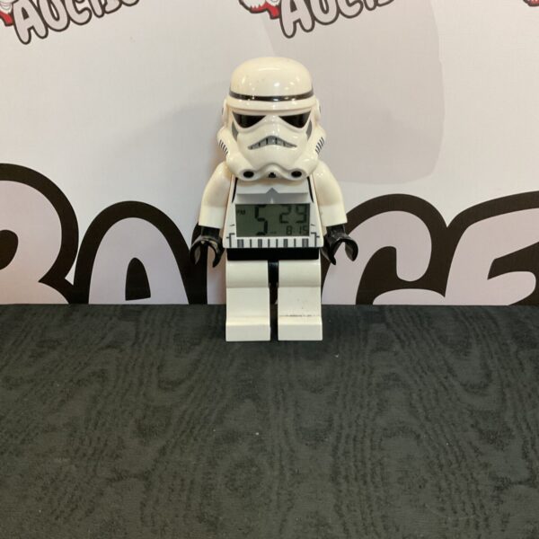 Lego Star Wars Stormtrooper alarm clock on display.