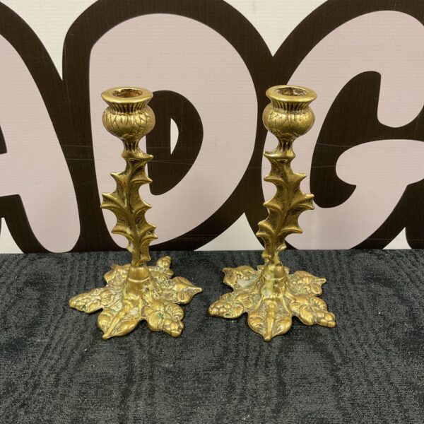 Vintage brass Scottish thistle candlesticks, detailed thistle design.