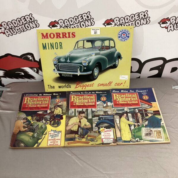 Vintage Morris Minor tin plaque and Practical Motorist magazines collection.