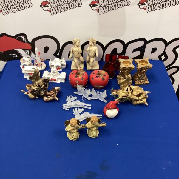 Vintage Christmas decorations and candle holders in a festive lot.