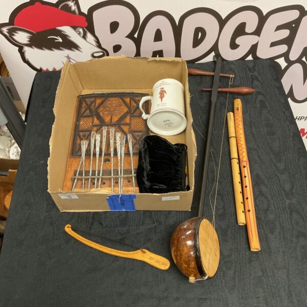 Mixed lot of vintage musical instruments and a Yeoman Wardens Club tankard.