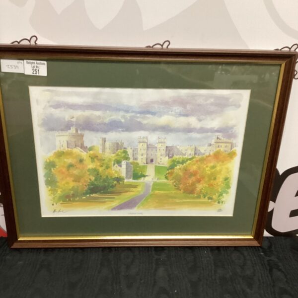 Signed watercolour painting of Windsor Castle, a beautiful landscape artwork.