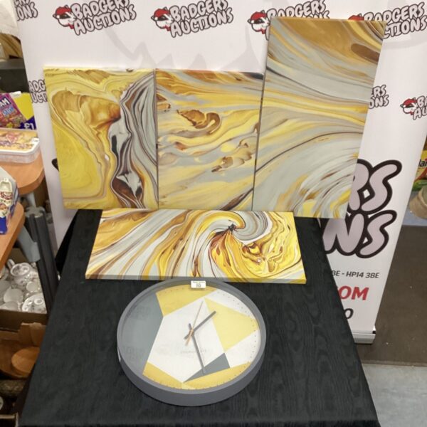 Modern wall art clock with a vibrant yellow swirl pattern.