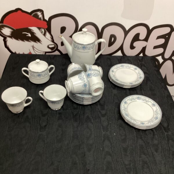 Vintage Noritake Blue Hill tea set with blue and white porcelain.