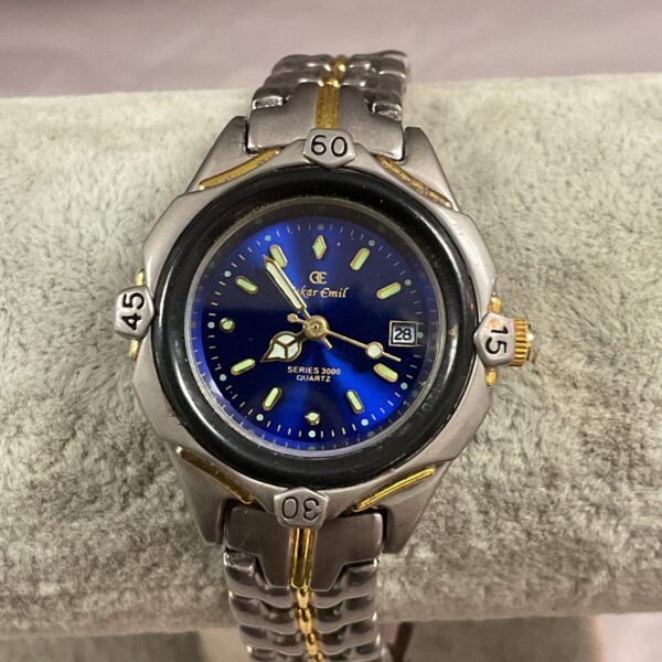 Ladies’ Oskar Emil quartz watch with a blue dial and steel bracelet.