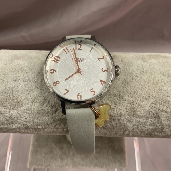 Stylish Radley London ladies’ quartz watch with silver dial and grey strap.