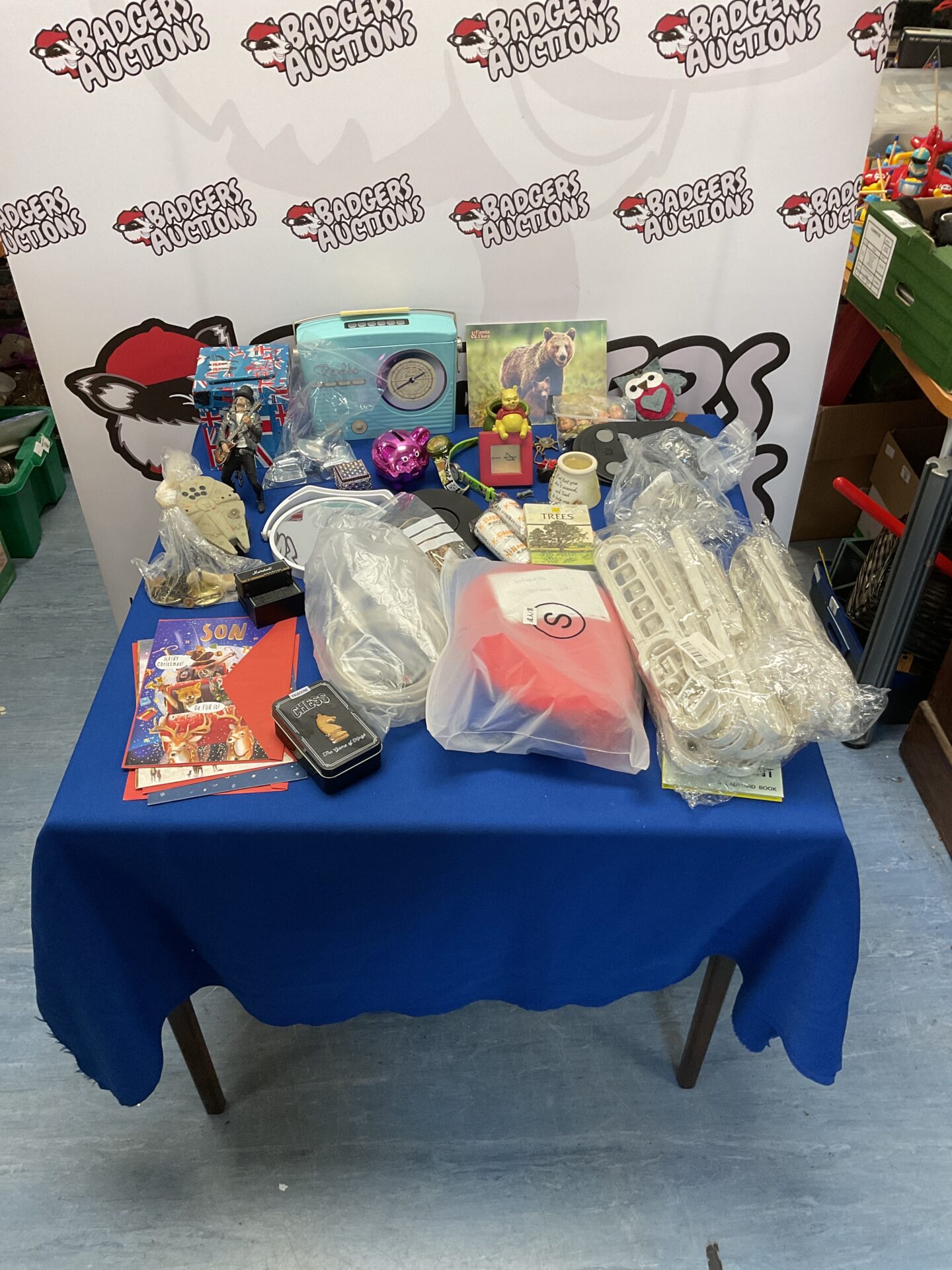 449 Box of mixed inc mario outfit S, christmas cards, bobble head toys and led lights untested