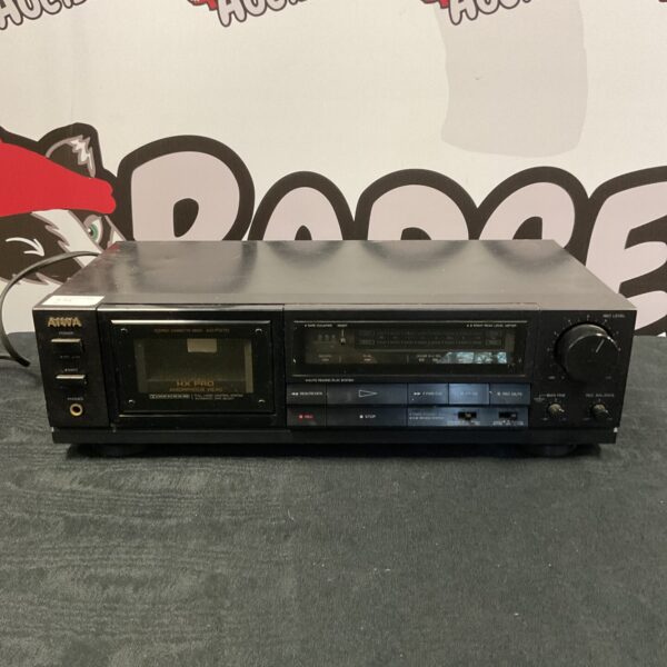 Vintage Aiwa HX-Pro cassette deck with a sleek black design.