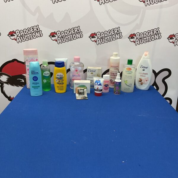 Cosmetic selection lot including Dove and baby oil.
