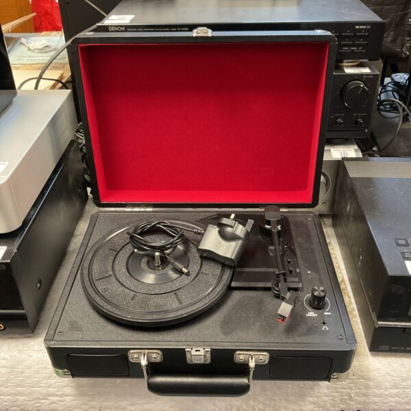 Vintage Denon portable record player in briefcase style, ideal for vinyl enthusiasts.