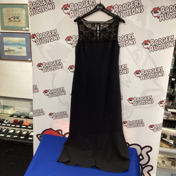 Black full-length party dress for formal occasions.