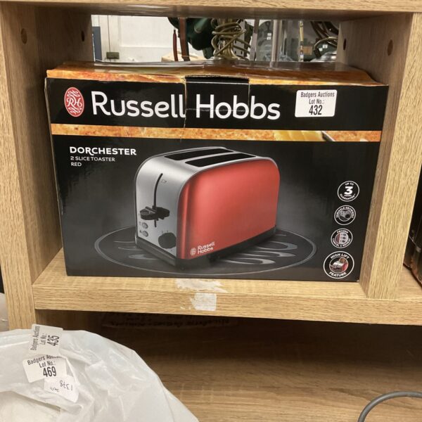 Red Russel Hobbs 2-slice toaster, vintage kitchen appliance.
