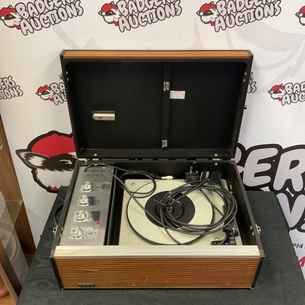 Vintage Alba portable record player with wooden casing.