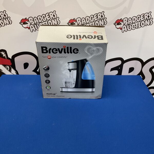 Front view of a Breville hot water dispenser on a white surface.