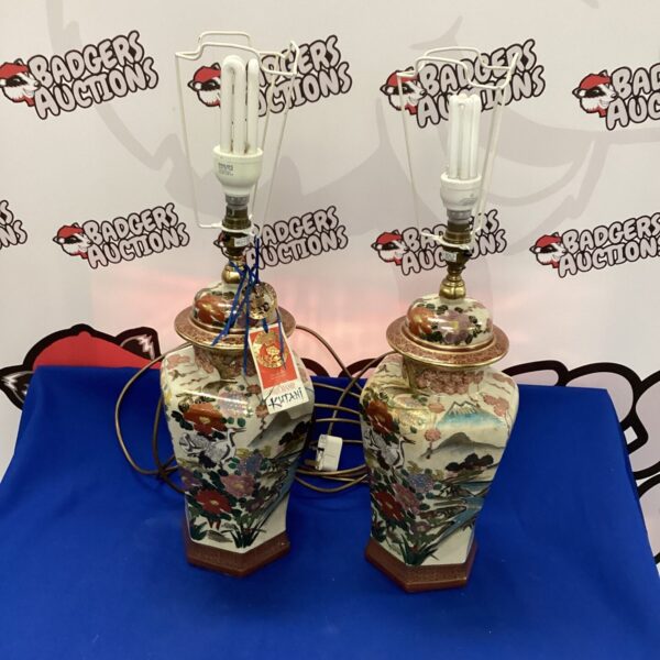 Vintage RoChamp porcelain table lamps with floral design.