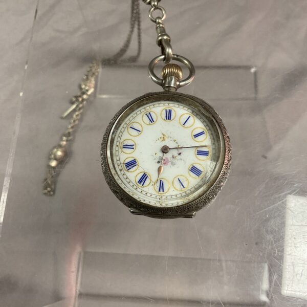 Antique silver Dimier Freres pocket watch with Albert chain.