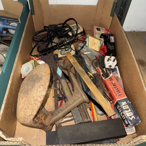 Vintage tool lot with various hand tools and a shoe last.