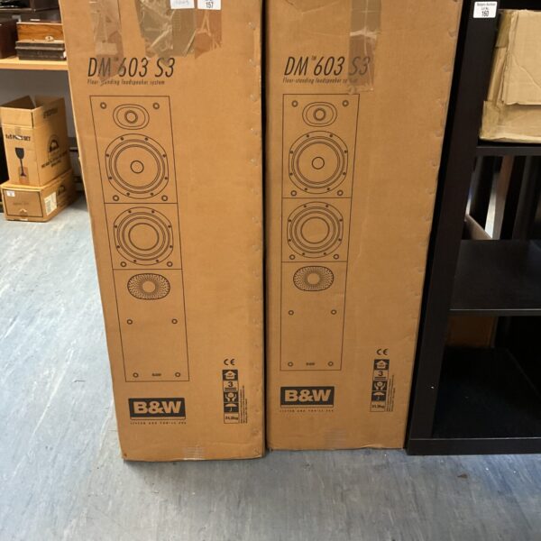 Pair of vintage B&W DM603 S3 floorstanding speakers in boxes.