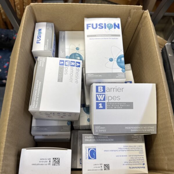 Unopened box of Fusion medical wipes and barrier film applicators.