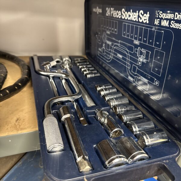 Open Halfords socket set showing various tools inside the case.