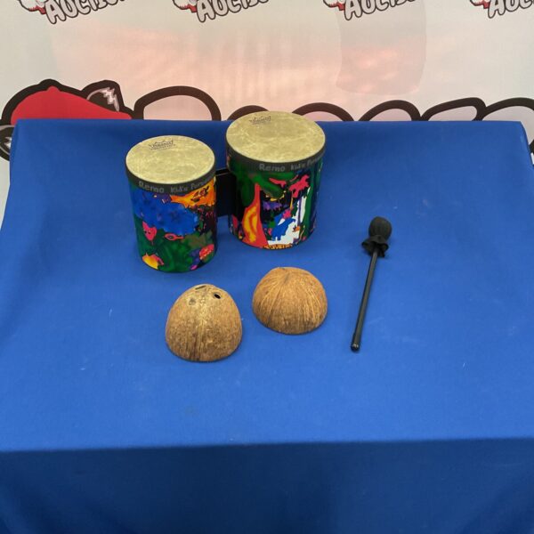 Remo percussion drums with coconut instrument for musical exploration.