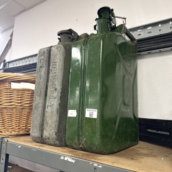 Vintage metal Jerry Can, 20L fuel container, showing signs of wear.