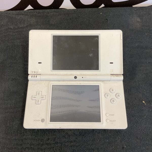 Front view of a silver Nintendo DS Lite handheld gaming console.
