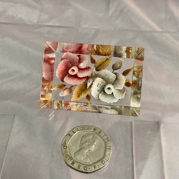 Vintage 1940s lucite rose brooch, reverse carved floral jewellery.