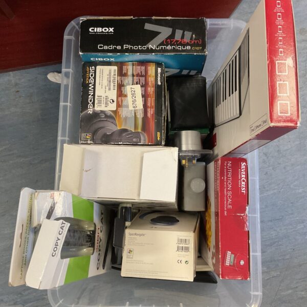 Vintage PC accessories lot including Microsoft Sidewinder joystick.