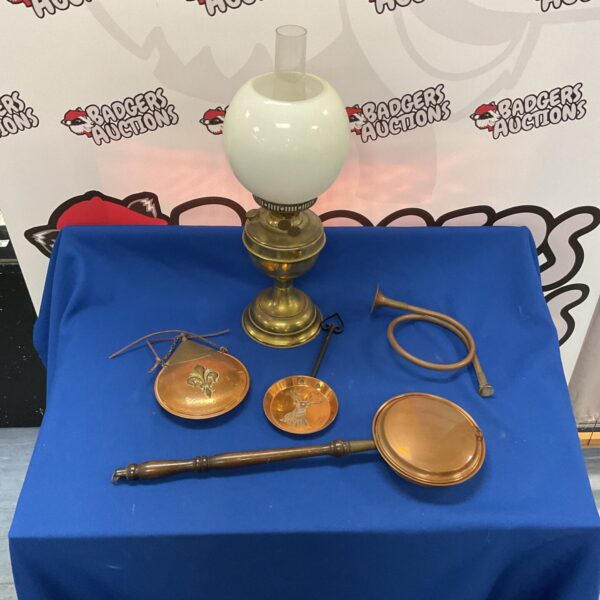 Vintage brass oil lamp and copper hunting horn antique lot.