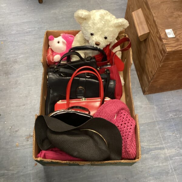 Mixed lot of vintage handbags, hats, and teddy bears.