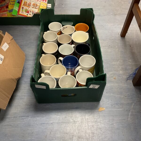 Assorted ceramic mugs in a box, a mixed mug lot.