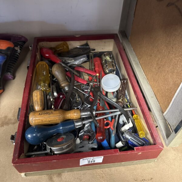 Assorted vintage hand tools in a metal tray.