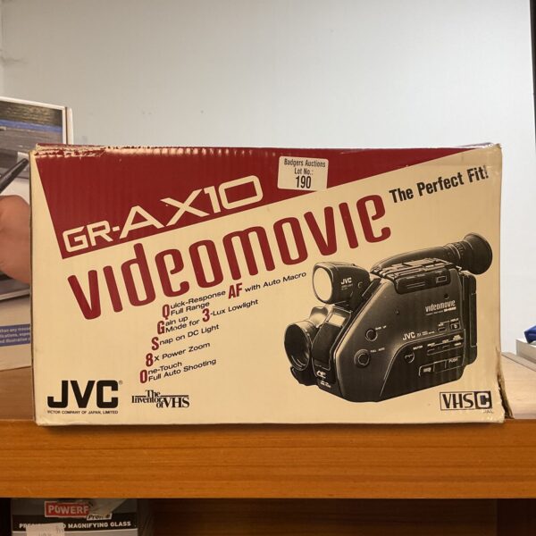 Front view of a vintage JVC GR-AX10 VHS camcorder.