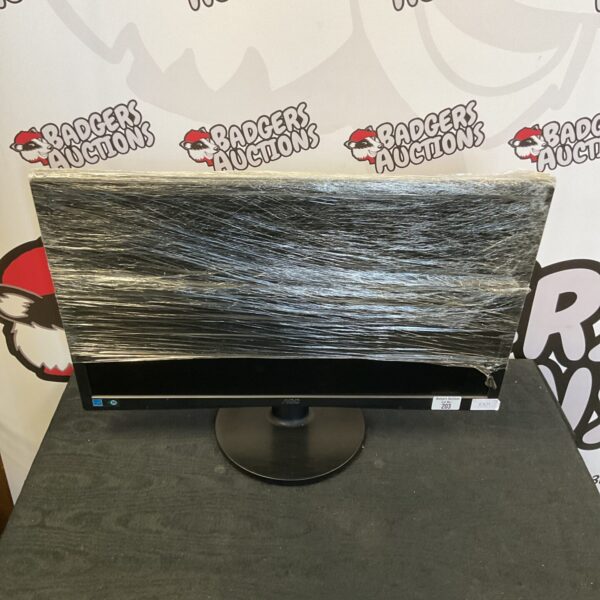 Black AOC 24 inch computer monitor on a desk.