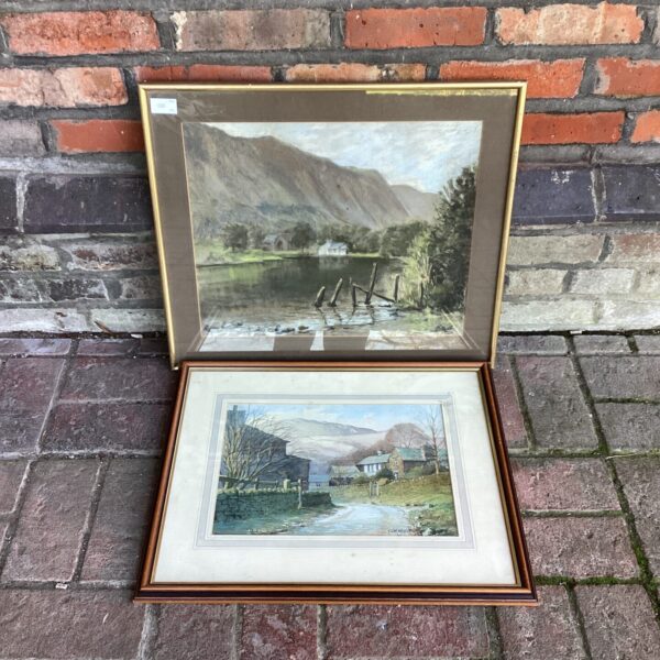 Vintage watercolour painting of a country scene with river.