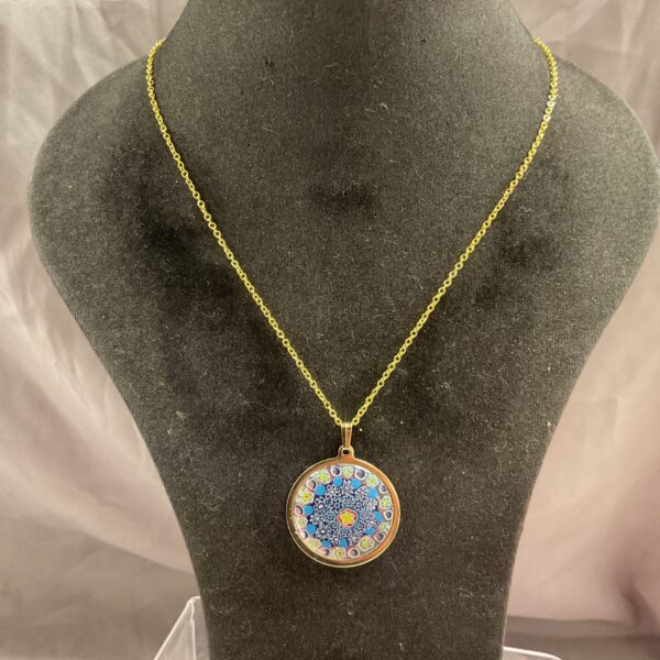 Colourful Millifiori pendant necklace in silver gilt.