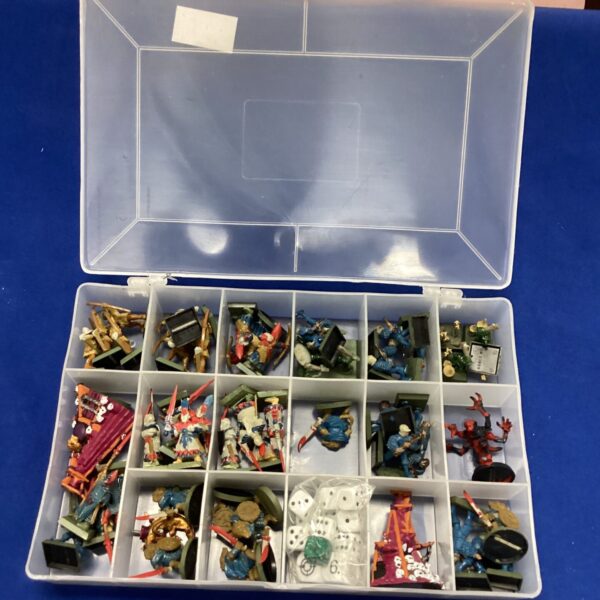 Warhammer High Elves figures in a plastic storage case.