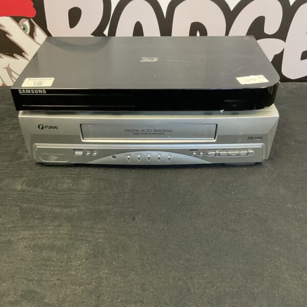 Samsung Blu-Ray player and Funai VCR combo for retro entertainment.