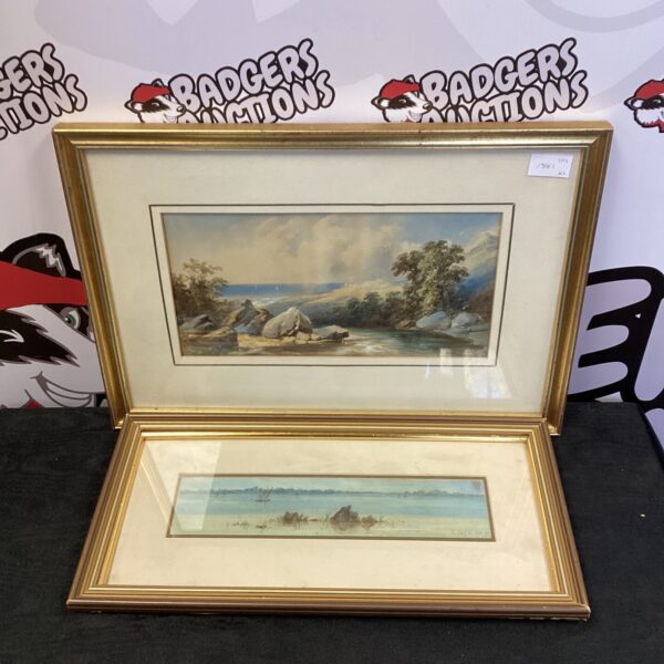 Antique watercolour painting of a coastal scene by T Wilson.