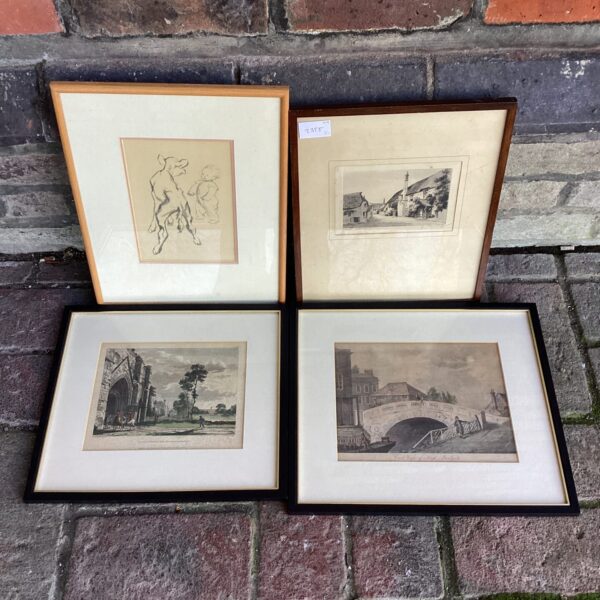 Lot of four vintage framed prints and engravings for wall decor.