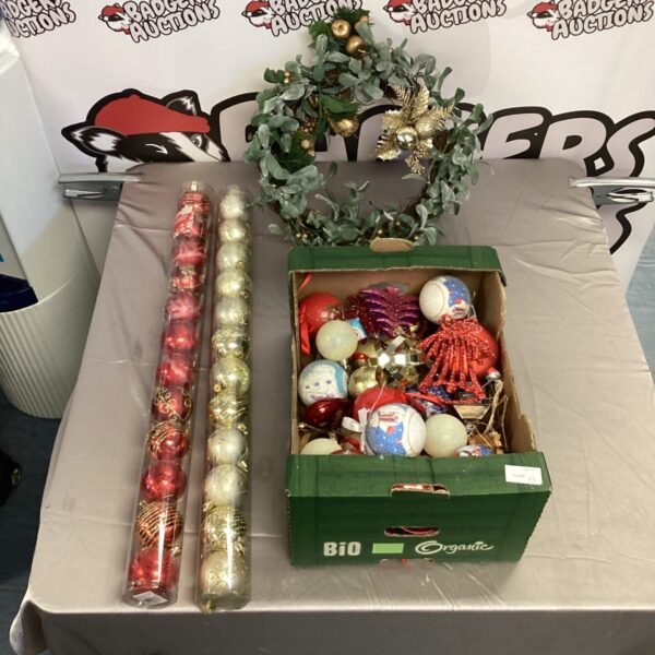Christmas baubles and wreath lot for festive holiday decorations.