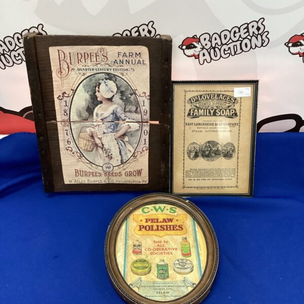 Vintage framed advertisements including Dr Lovelace soap and Burpee seeds.