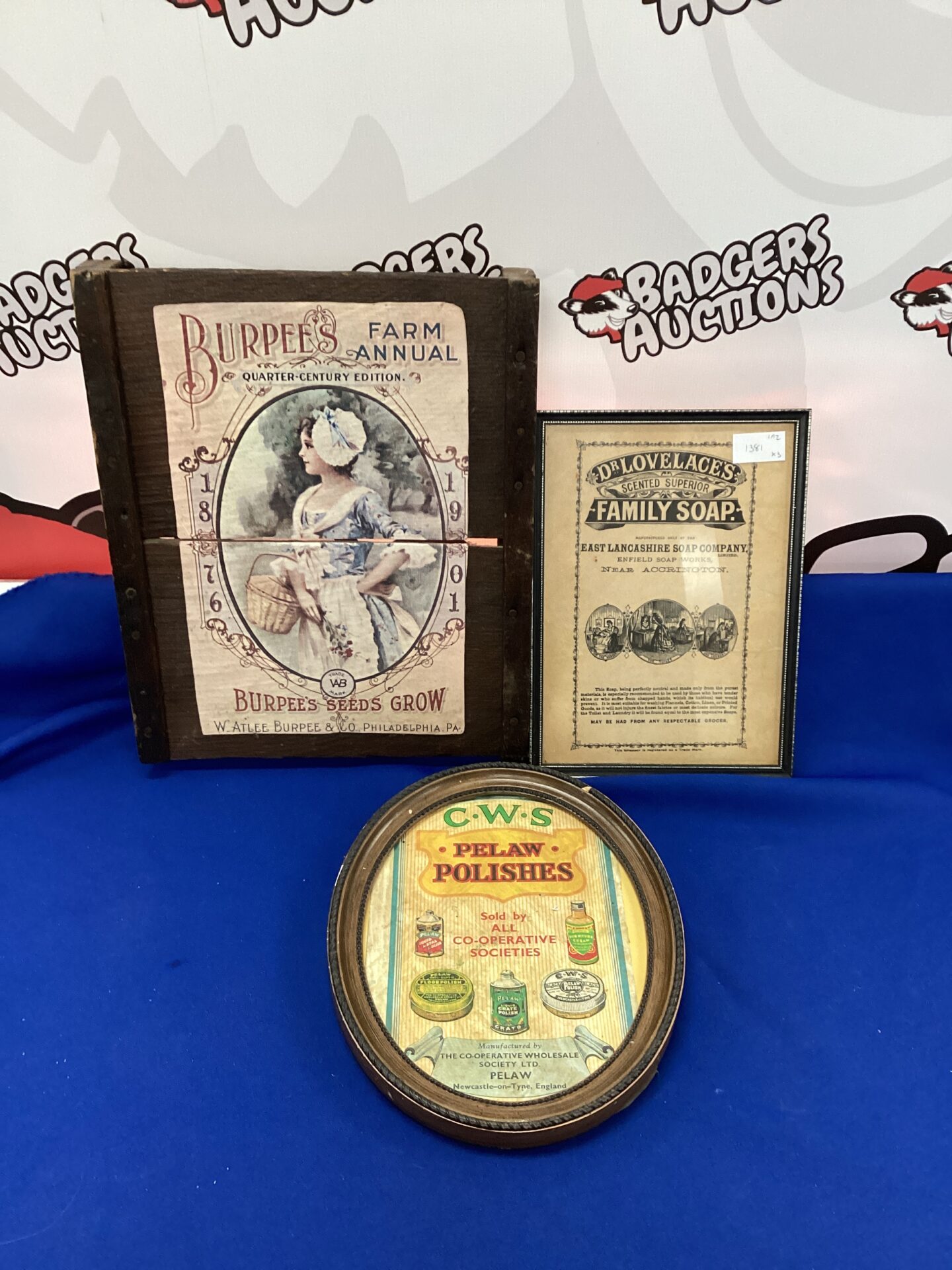 681 three old framed advertisments inc dr lovelaces soap
