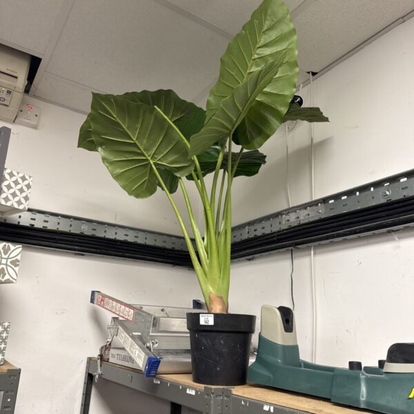 Large artificial tropical plant with broad green leaves.