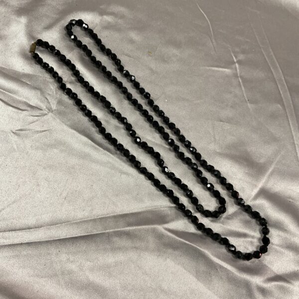 Vintage black glass bead necklace, long strand, elegant jewelry.