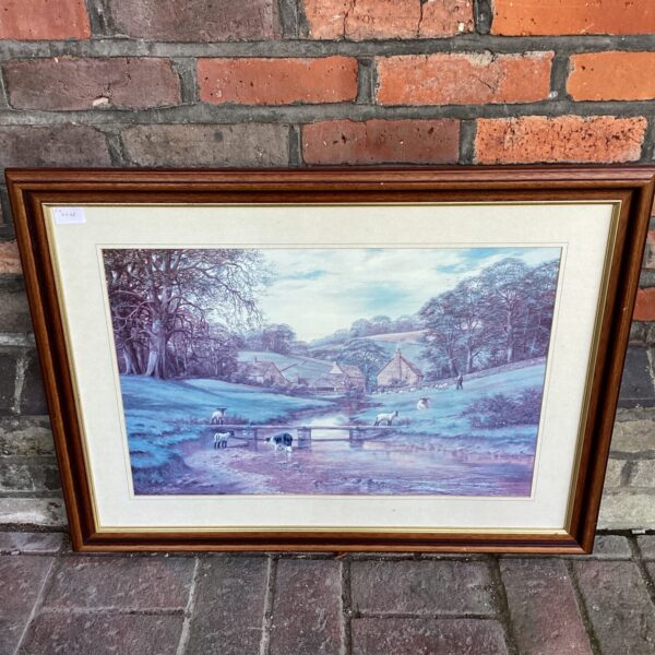 Ron Beaton farm scene print with sheepdog and sheep in countryside landscape.