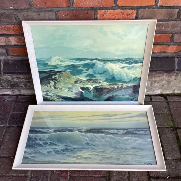 Vintage seascape prints, including Ed Mandon signed artwork, framed coastal art.